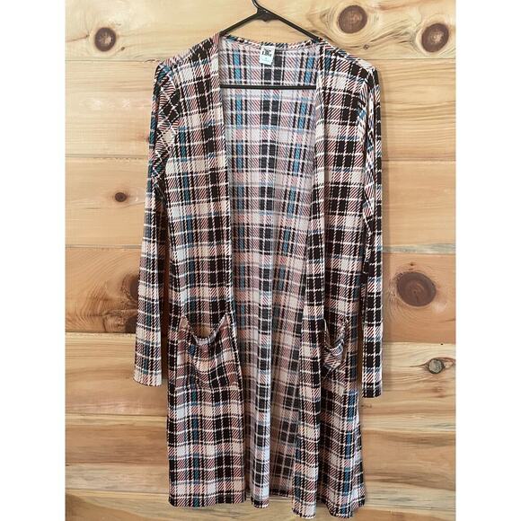 Sew in Love women's plaid open front long cardigan. Pockets. SMALL. pink teal bl - Picture 1 of 6